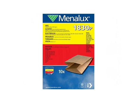 Sacchetti per aspirapolvere Candy/Hoover 10 pezzi modello 1830P - confezione Menalux con specifiche per vari modelli di aspirapolvere, ideale per una pulizia efficace e duratura.
